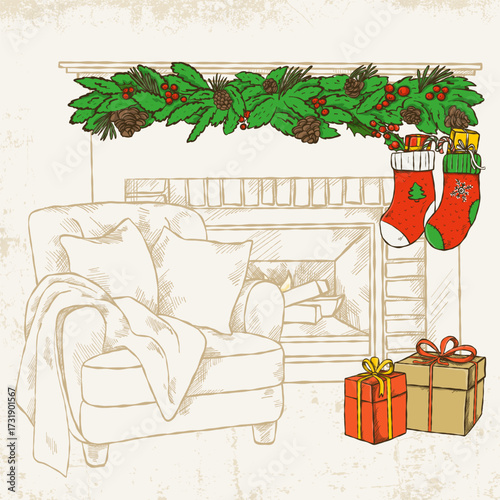 Hand-drawn illustration of a cozy armchair in front of a fireplace decorated with Christmas accessories and Christmas gifts.