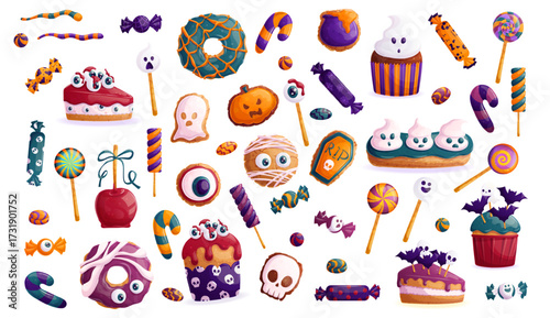 A set of Halloween sweets, pastries on a white background. Cookies, cupcakes, candies, lollipops in the shape of a ghost, skull, eyeball. Isolated vector illustration for stickers, design, decoration