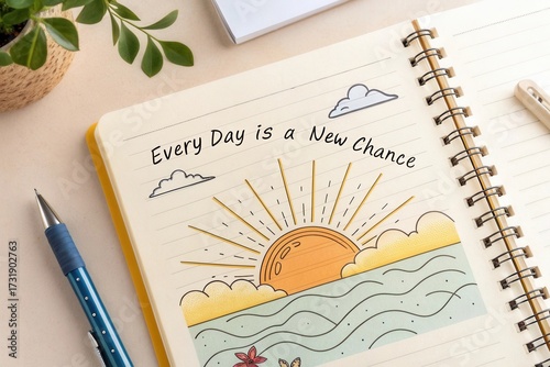 Notebook page with sunrise sketch and inspiring quote