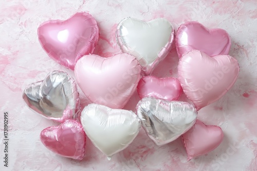 Heart shaped balloon. White silver and pink colored party balloons on a pastel background. Glossy, shiny foil balloons. Good for anniversary wedding, celebration birthday. Happy St. Valentine's day.