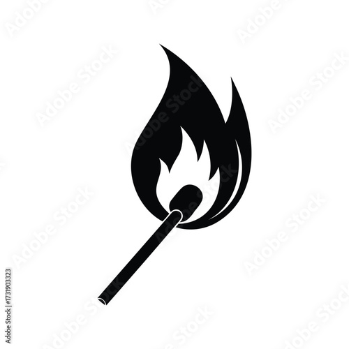 A stylized monochrome illustration of a lit match stick with flame, burning match icon silhouette vector illustration