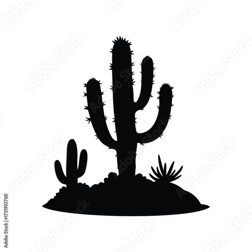 Black silhouette of three cactuses and shrub with soil and white background, cactus growing in a rocky area silhouette vector illustration