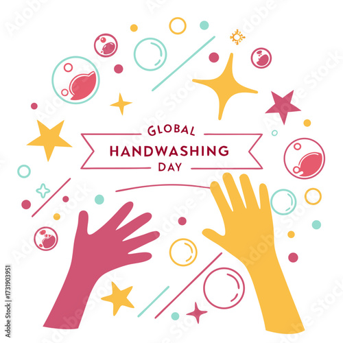 Global Handwashing Day illustration with colorful hands and abstract shapes, promoting hygiene and health awareness in a vibrant design