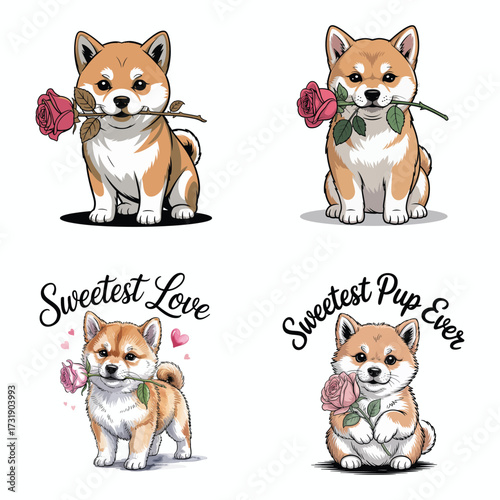 Shiba inu puppies holding roses puppy pink rose