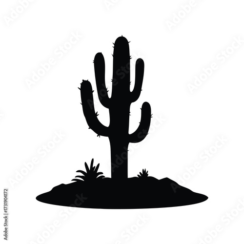 Silhouette of a Saguaro Cactus in Desert Landscape with Two Small Plants, cactus sandy terrain silhouette vector illustration