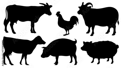 Silhouette illustration showcasing a cow, rooster, sheep, and pig farm animals in a black and white image