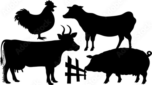 Silhouette illustration of farm animals including cows, pig, and chicken with a wooden fence element
