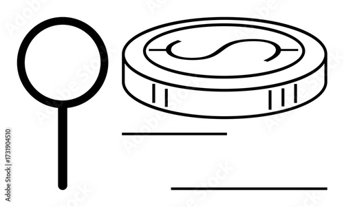Magnifying glass inspecting a coin, symbolizing financial analysis, wealth, investment strategies, and economic focus. Ideal for finance, business insights, auditing, economics research strategy
