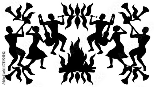 Silhouetted figures dancing around a fire with musical instruments and decorative elements in black and white