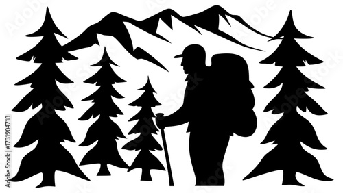 Silhouette of a hiker with backpack and trekking pole amidst trees and mountain range in the background