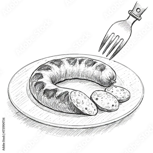 Black and White Sketch of Grilled Sausage with Slices on a Plate and Fork, Ready to Eat Meal
