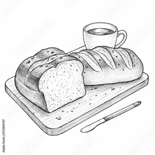 Rustic Black and White Sketch of Fresh Bread Loaves, Butter Knife, and Coffee, Breakfast Scene
