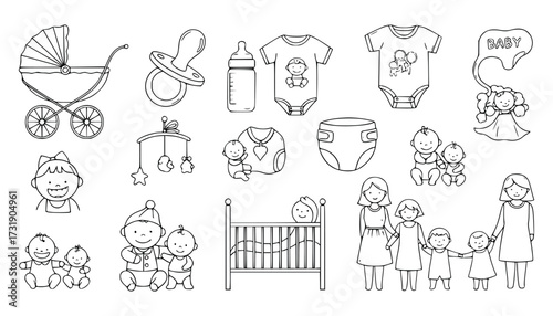 Vector art of collection of babyrelated illustrations including a stroller, pacifier, baby clothes, crib, and family