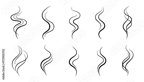 Vector art of set of ten handdrawn wavy lines representing smoke or steam
