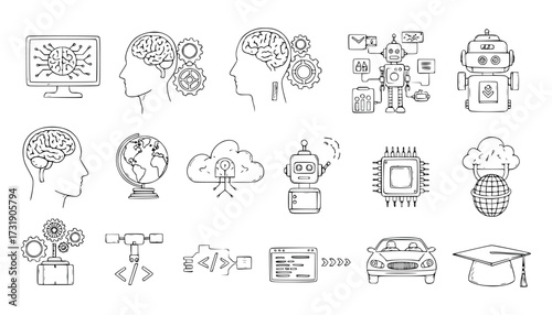 Vector art of collection of icons representing artificial intelligence, machine learning, and technology concepts