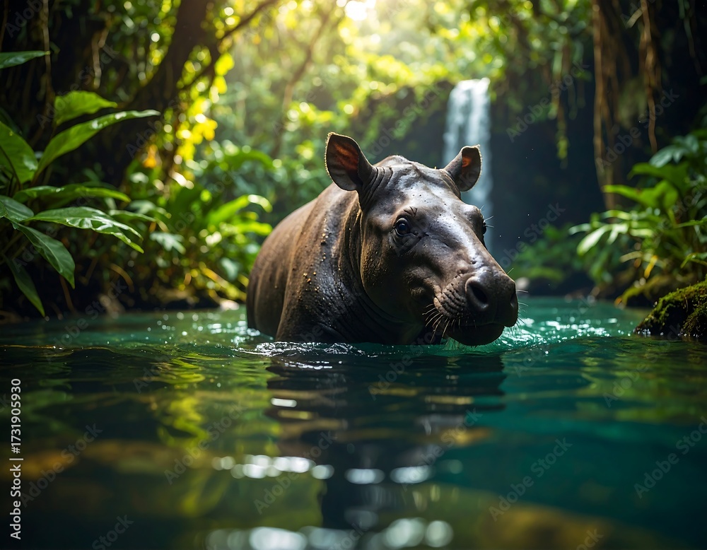 Fototapeta premium Dark rhino-like creature in lush jungle stream