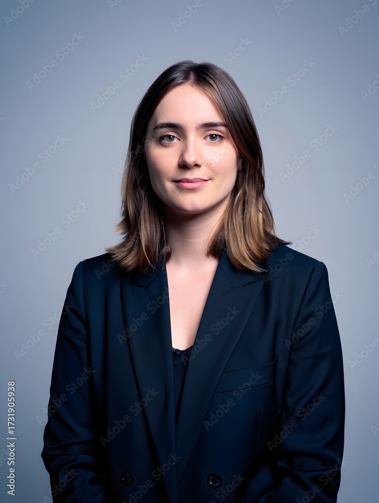 Obraz premium Portrait of a woman in a blazer with a neutral background and soft lighting effect