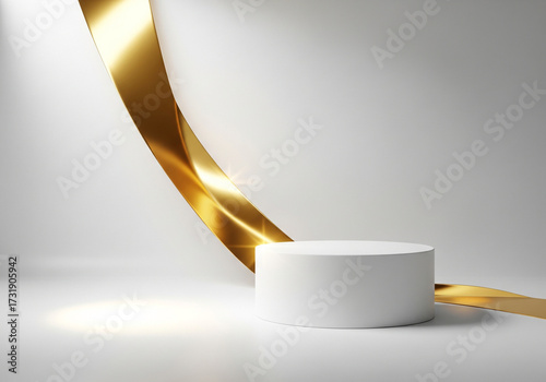 A minimalist white podium with a flowing golden ribbon, isolated on white background, creating an elegant and luxurious display for product presentation or awards