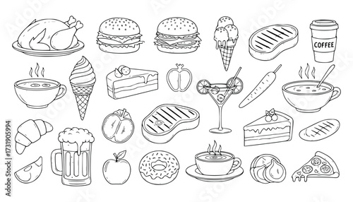 Vector art of collection of handdrawn food and drink illustrations, , featuring meals and desserts