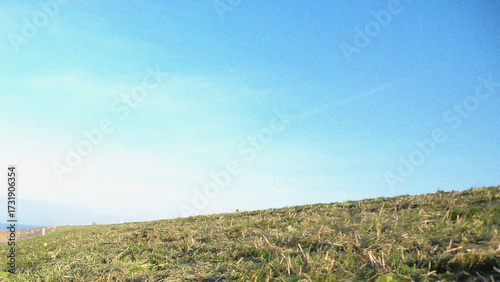 Green grass and blue sky. Beautiful natural flyer, card design. Nature Template for presentation or product