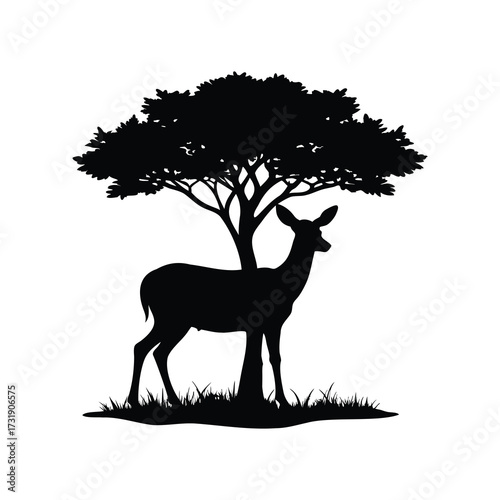 Silhouette of a deer standing under a tree casting shade on a grassy area, deer looking out from behind tree silhouette vector illustration