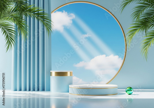 A minimalist stage with a circular mirror reflecting a blue sky and clouds, featuring display stands for product presentation, surrounded by tropical foliage