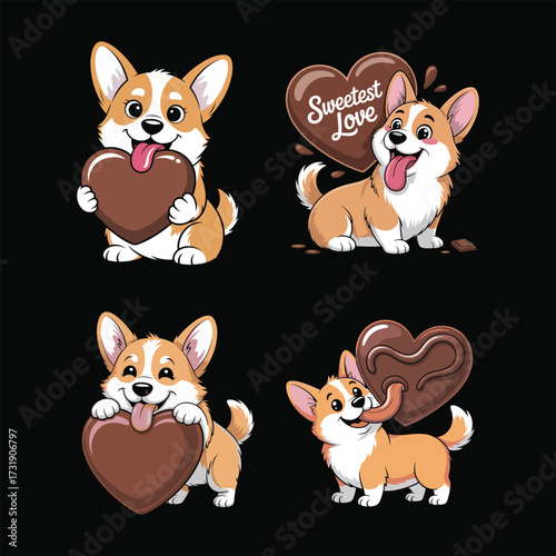 Cute corgi dogs with chocolate hearts puppy