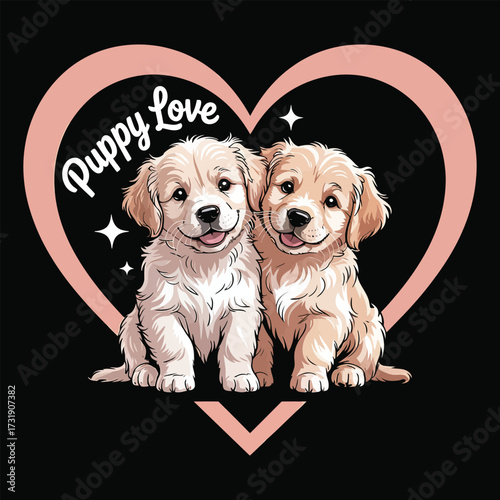 Two golden retriever puppies sitting inside a heart