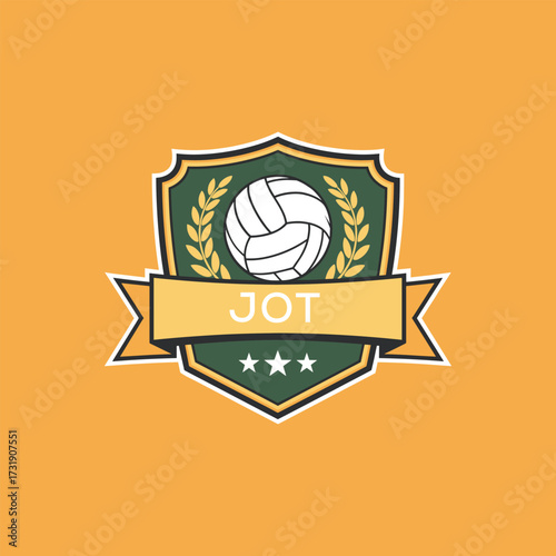JOT Volleyball Logo Design JOT Modern Sports Shield Emblem with Ball, Laurel and Ribbon for Volleyball Club, JOT Tournament and Team Branding
