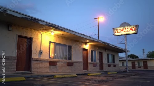 An old motel with a vacancy sign stands under a dim street light at dusk.