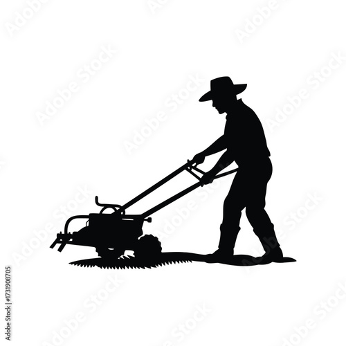 Silhouette of a farmer working with a rototiller in an agricultural setting, farmer plowing field silhouette vector illustration