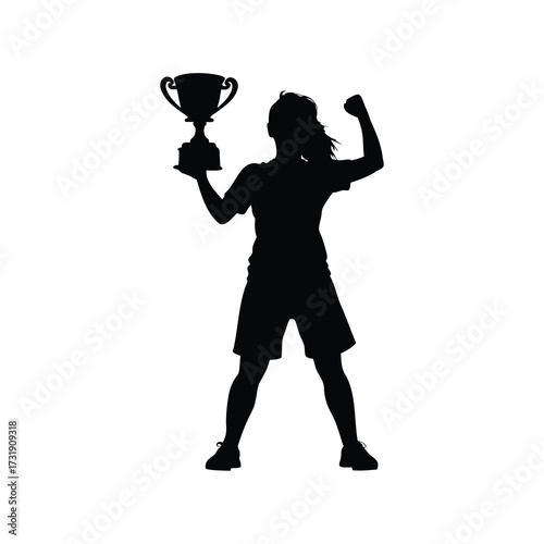 Silhouette of victorious female athlete holding a trophy, celebrating an amazing achievement, female soccer player holding a trophy silhouette vector illustration