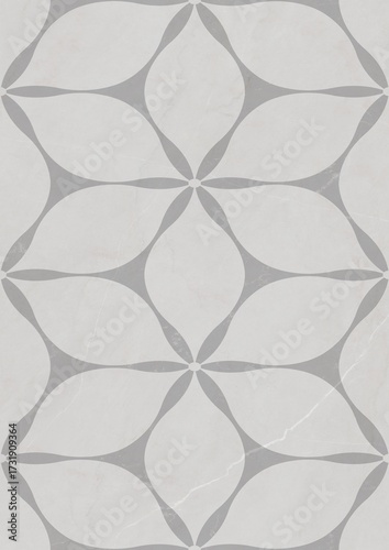 Geometric pattern with interlocking leaf-like shapes in gray and white tones