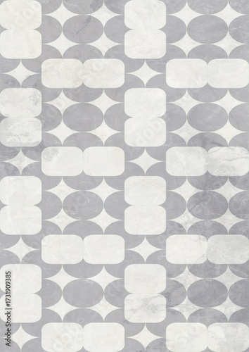 Geometric pattern with interlocking circles and squares in gray and white tones