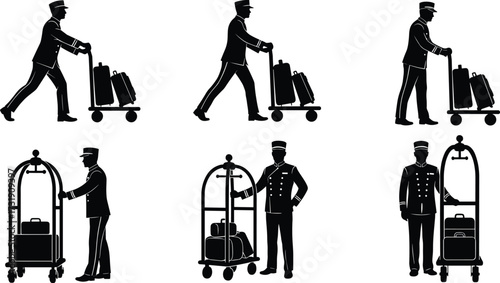 Hotel bellhop silhouette, luggage service, porter pushing cart, hospitality staff icon, black vector illustration for signage, travel guide, hotel brochure, concierge graphic