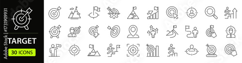 Target set of web icons in line style. Goal target and mission success linear icon collection. Containing goal, achievement, success, aim, goal, crosshair, shoot, shooting, aim, arrow. Editable stroke