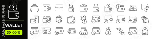 Wallet set of web icons in line style. A collection of linear icons representing wallet concepts, including cash, credit cards, digital wallet, money, security, payment, mobile wallet. Editable stroke