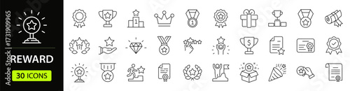Reward set of web icons in line style. A collection of linear icons representing various reward concepts, including gift, trophy, recognition, reward program, medal, bonus, and more. Editable stroke.