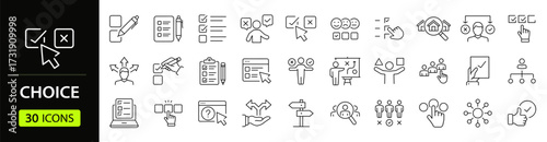 Choice Web Icon Set in Line Style. Collection of Selection Linear Icons, Including decision, option, choose, quiz, option, preference, list, possibility, decide, dilemma and More. Editable Stroke