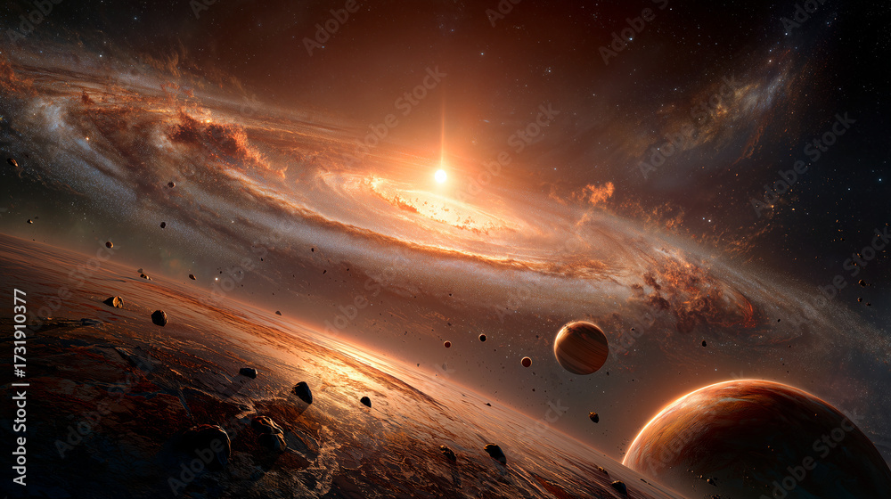 custom made wallpaper toronto digitalEpic Spiral Galaxy with Planets and Cosmic Sunrise – Cinematic Deep Space 3D Render