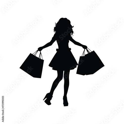 Silhouette of a woman carrying shopping bags after a successful shopping spree, girl holding shopping bags silhouette vector illustration