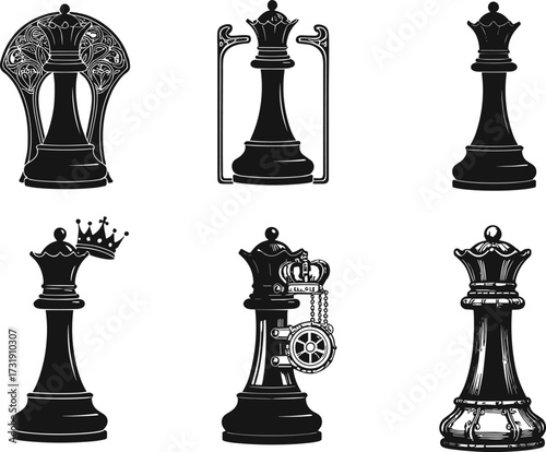 Stylized chess queen silhouettes, artistic variations, steampunk design, classic and modern styles, black vector icons, decorative chess pieces, creative board game illustration
