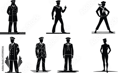 Silhouette naval officers, sailor uniforms, maritime ranks, military poses, black vector illustration, vintage navy attire, standing figures, naval fashion, character design