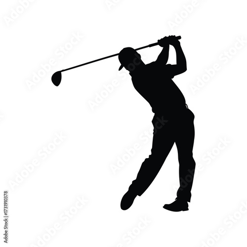 Silhouette of a golfer in mid swing against a white background, golfer driving ball off tee silhouette vector illustration