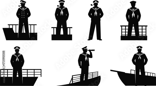 Silhouette sailors on ship deck, maritime crew in uniform, naval poses, binoculars, pipe, bow stance, vintage navy illustration, black vector art