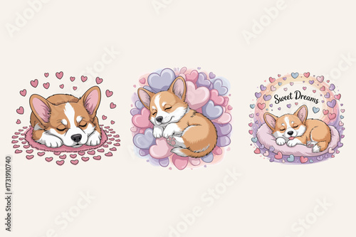 Sleeping corgi puppies surrounded by hearts puppy dreaming