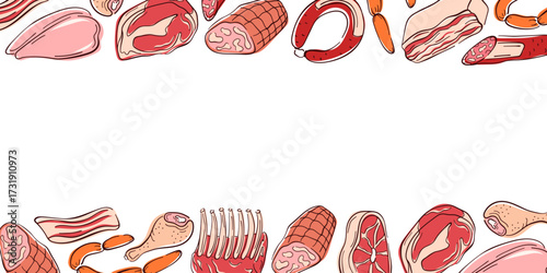 Border frame with various meat cuts, chicken, bacon in flat style. Ideal for butcher shop design, recipe book or background.