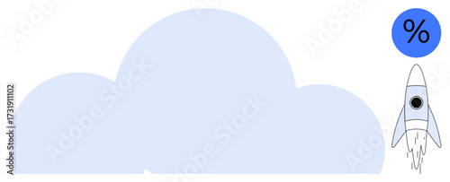 Rocket launching past clouds with a percentage sign, symbolizing progress, innovation, and growth. Ideal for technology, business, analytics, success ambition investment startup concepts. Simple