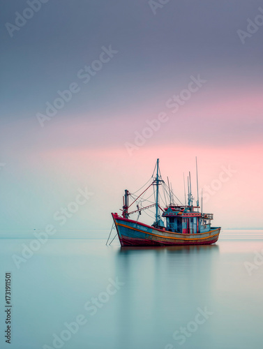 Colorful Fishing Boat Floating on Calm Sea at Pastel Sunset Minimalist Seascape