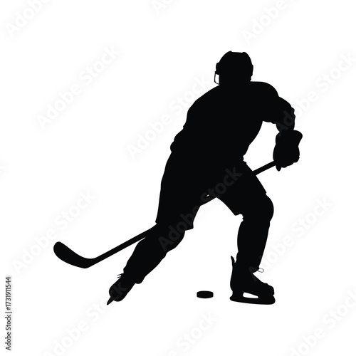 Silhouette of a determined hockey player skating with puck and stick in action, hockey player in action silhouette vector illustration